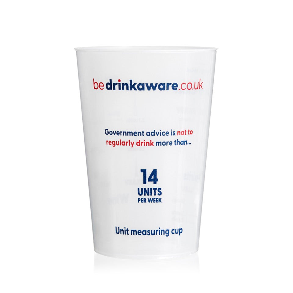 Drinkaware's alcohol unit measuring cup with bedrinkaware.co.uk logo. It's designed to measure the number of alcohol units in spirits, wine, beer and cider. Perfect for use at home to increase awareness of the number of units being consumed.