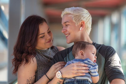 Portrait of a happy LGBT family. The young adult partners are spending time with their baby. One adult is holding the baby boy. The parents are smiling.